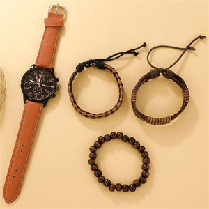 Coffret cadeaux homme (montre+bracelets) / New Men Watch Luxury Bracelet Set Fashion Business Brown Leather Quartz Wrist Watches for Men Gift Set Relogio Masculino - kadopascher