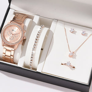 6PCS Set Luxury Watch Women Ring Necklace Earrings Rhinestone Fashion Wristwatch Female Casual Ladies Watches Bracelet Set Clock - kadopascher