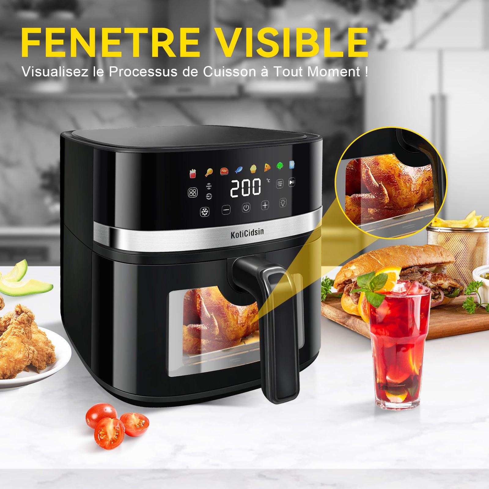 Air fryer avec vitre transparente - Grande capacité 8.5L Marque KotiCidsin (Produit avec avis certifiés 5 étoiles)
8.5L Oil-Free Air Fryer, 2000W Air Fryer with Transparent Window and Built-in Lighting, LED Touch Screen - kadopascher