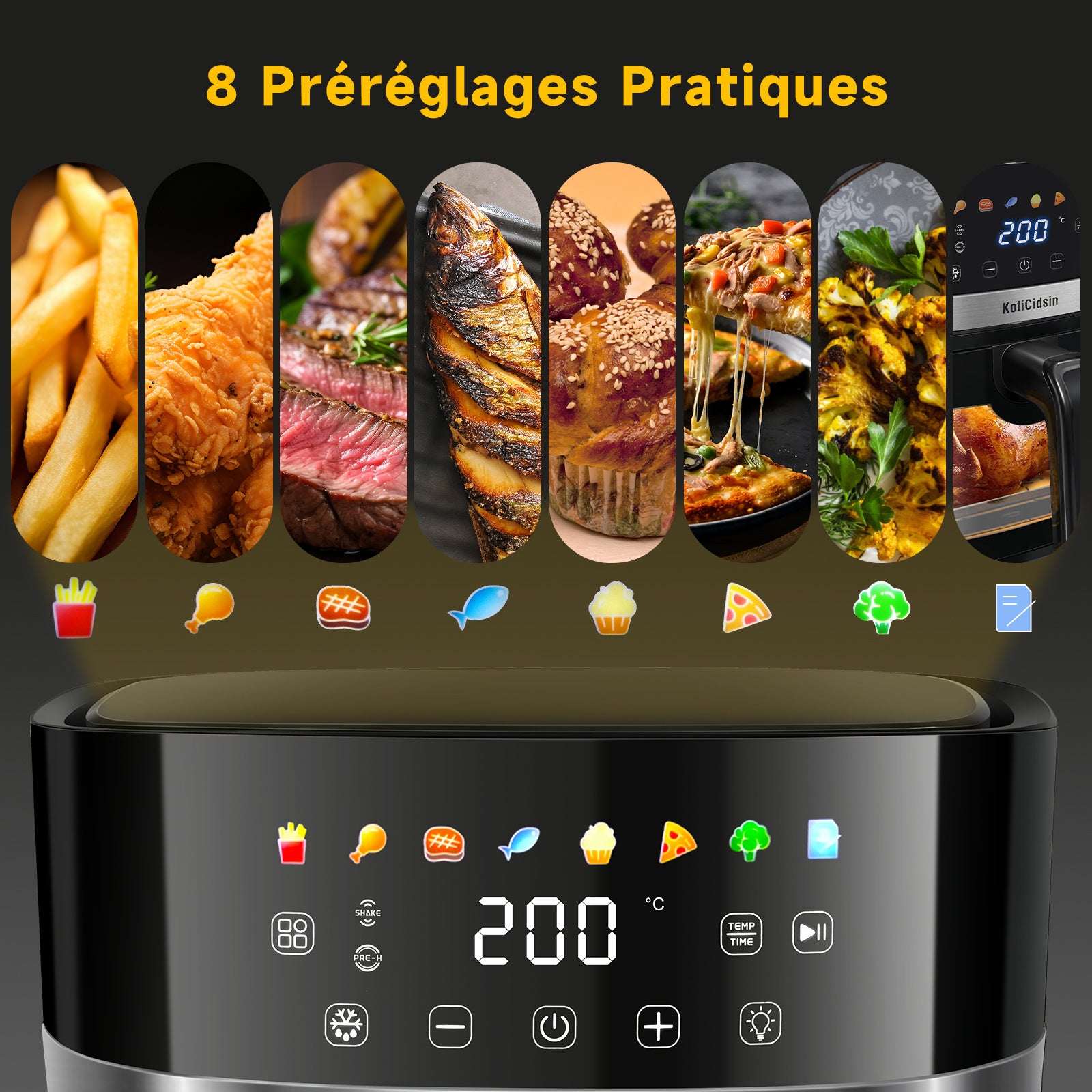 Air fryer avec vitre transparente - Grande capacité 8.5L Marque KotiCidsin (Produit avec avis certifiés 5 étoiles)
8.5L Oil-Free Air Fryer, 2000W Air Fryer with Transparent Window and Built-in Lighting, LED Touch Screen - kadopascher