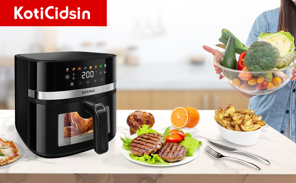 Air fryer avec vitre transparente - Grande capacité 8.5L Marque KotiCidsin (Produit avec avis certifiés 5 étoiles)
8.5L Oil-Free Air Fryer, 2000W Air Fryer with Transparent Window and Built-in Lighting, LED Touch Screen - kadopascher