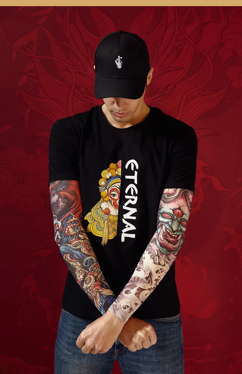 Tatouage d'été bronzage , tatouage de bronzage effaçable avec le temps 
Summer Tattoo Sleeves Ice Silk Golf Sports Sun-proof Cycling Men Cool Personalized Driving Women Fishing Elastic Arm Warmer - kadopascher