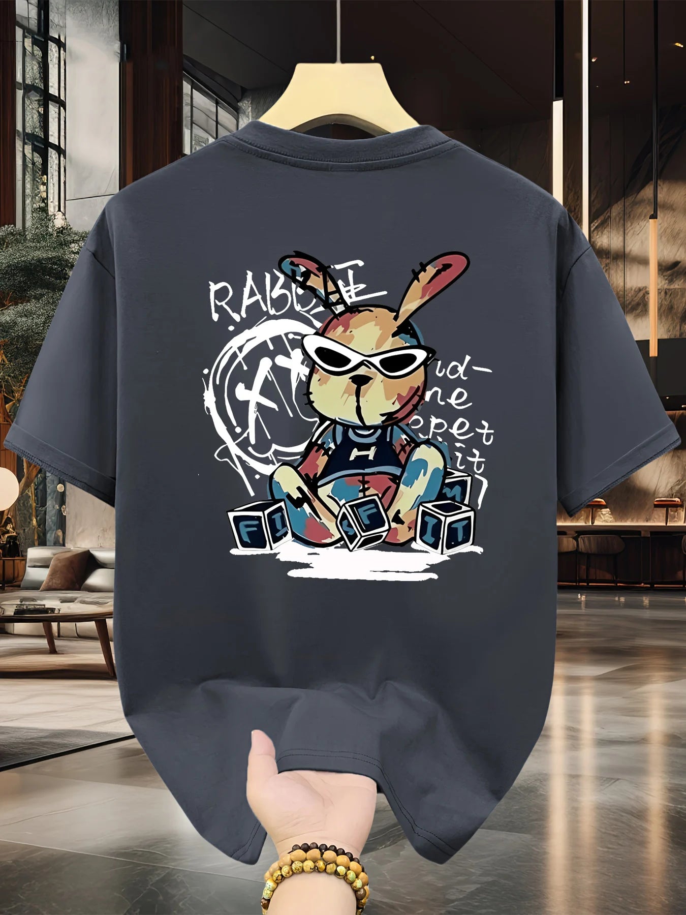 T-shirt homme collection 2025 chic et élégant 
summer 100% pure cotton fashionable casual loose black rabbit cartoon pattern printed round neck short sleeved T-shirt top - kadopascher