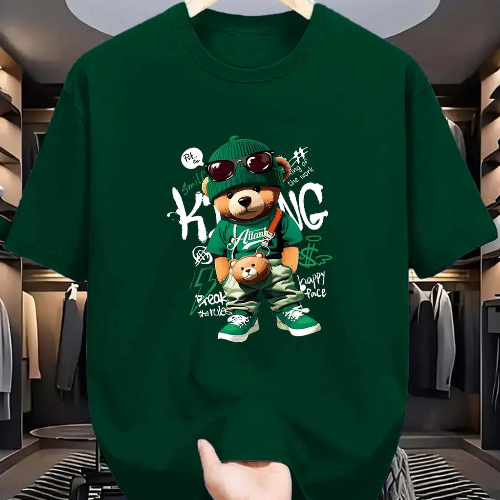 T-shirt homme collection 2025 chic et élégant 
Summer 100 Cotton Fashionable Casual Loose Large Geometric Bear Pattern Printed Sports Round Neck Short Sleeve T-shirt Top - kadopascher