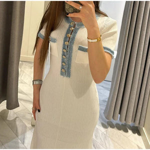 Robe élégante femme / Elegant V Neck Denim Patchwork Knitted Long Dress Women Fashion Short Sleeved Buttons Bodycon Dresses Office Lady Pockets Robes