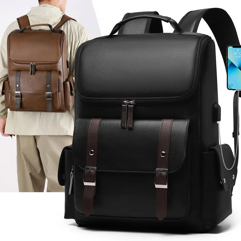 Sac à Dos Rétro en Cuir PU – Style Britannique | USB, Waterproof, Grande Capacité - kadopascher