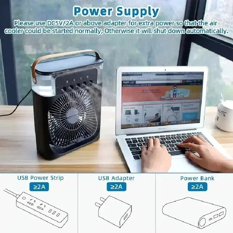 Ventilateur 3-en-1 Climatiseur Humidificateur Portable USB – Lumière LED 7 Couleurs - kadopascher