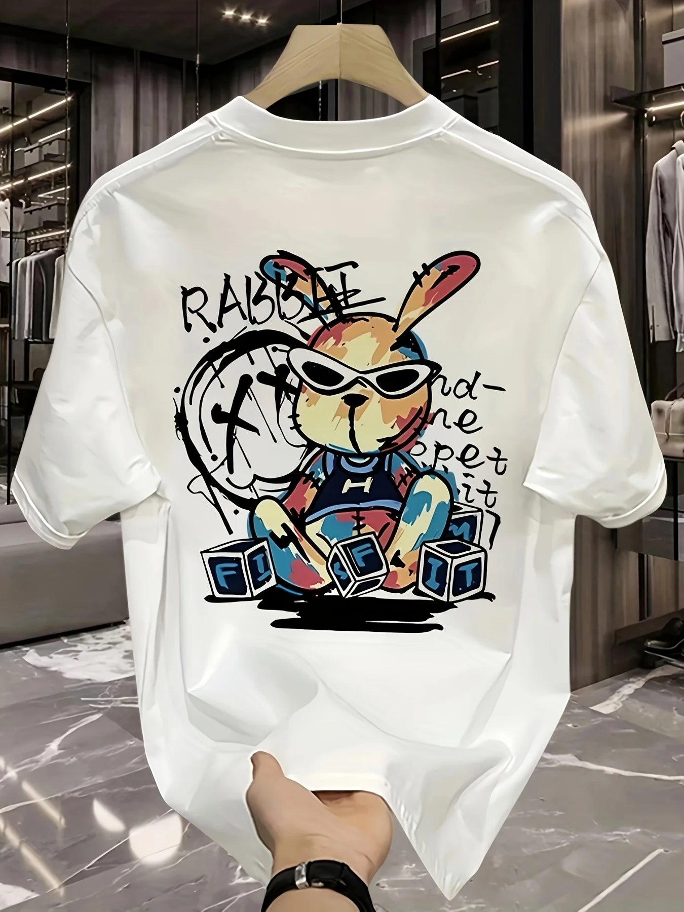 T-shirt homme collection 2025 chic et élégant 
summer 100% pure cotton fashionable casual loose black rabbit cartoon pattern printed round neck short sleeved T-shirt top - kadopascher