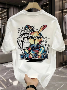 T-shirt homme collection 2025 chic et élégant 
summer 100% pure cotton fashionable casual loose black rabbit cartoon pattern printed round neck short sleeved T-shirt top - kadopascher