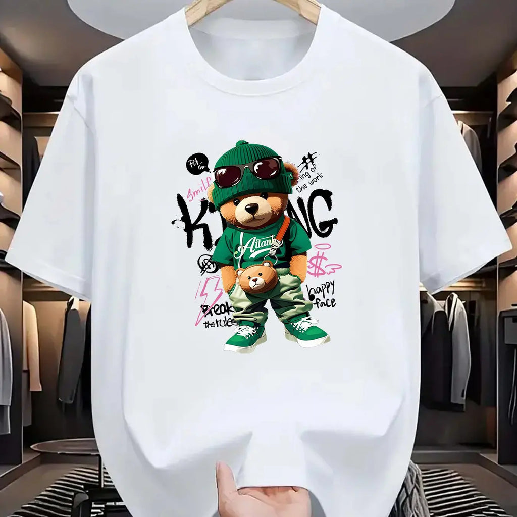 T-shirt homme collection 2025 chic et élégant 
Summer 100 Cotton Fashionable Casual Loose Large Geometric Bear Pattern Printed Sports Round Neck Short Sleeve T-shirt Top - kadopascher