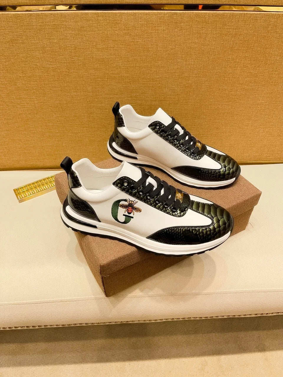 Sneakers Italiennes Homme - Chaussures Cuir Motif Abeille Luxe