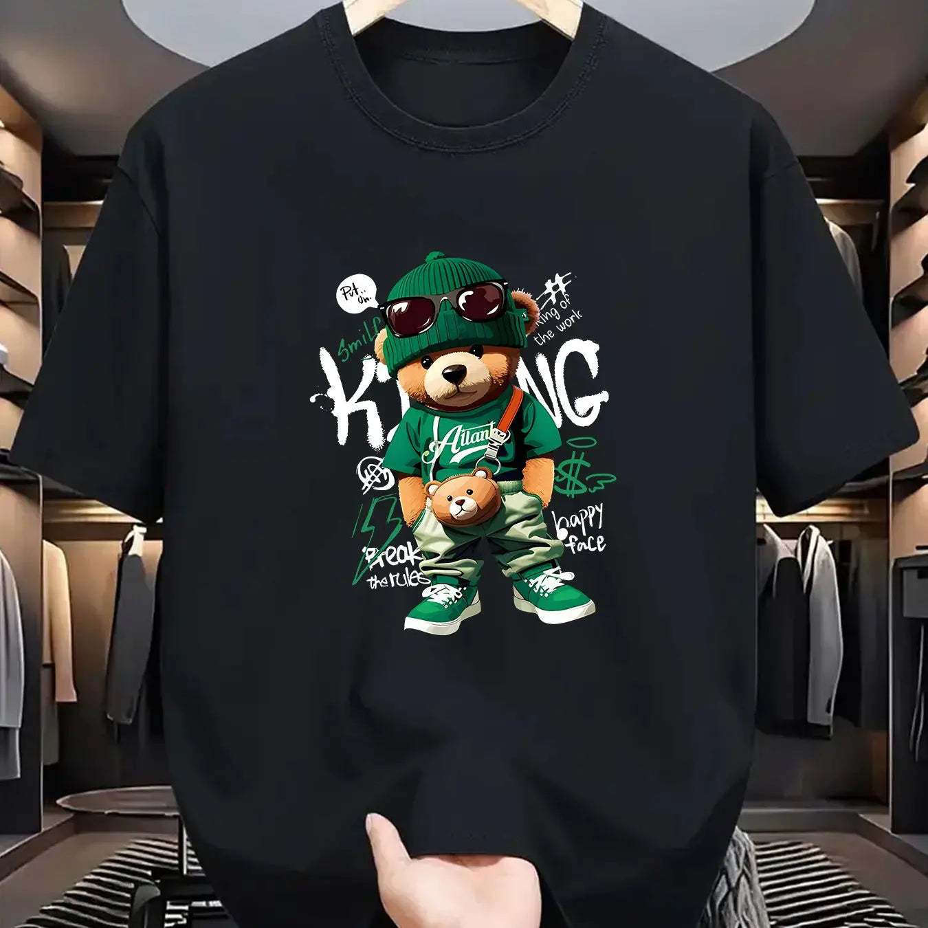 T-shirt homme collection 2025 chic et élégant 
Summer 100 Cotton Fashionable Casual Loose Large Geometric Bear Pattern Printed Sports Round Neck Short Sleeve T-shirt Top - kadopascher