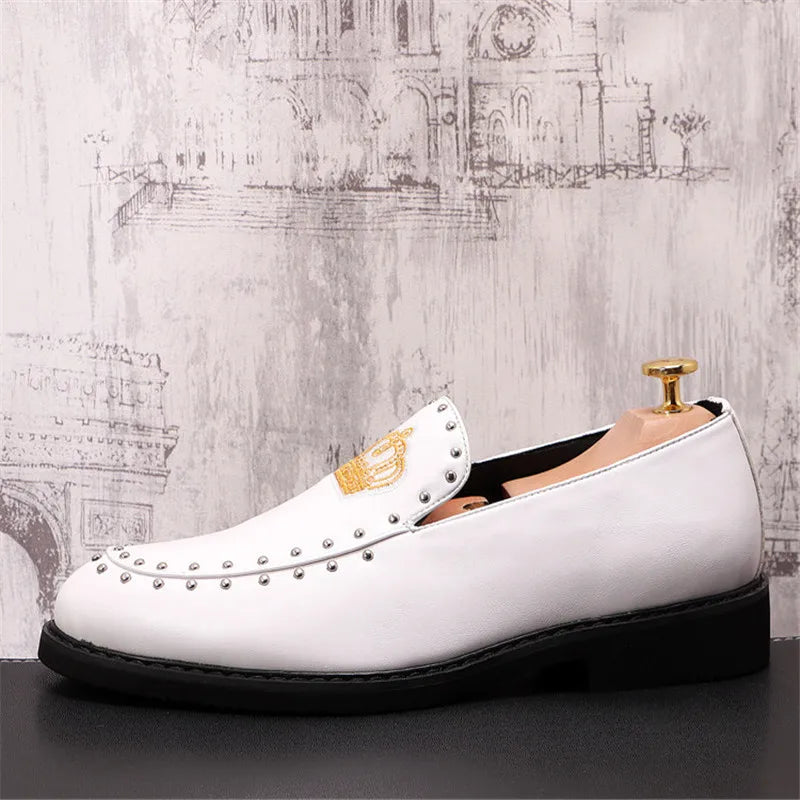 Mocassins Cuir Broderie Couronne Homme – Slip-On Luxe Designer 2026 | Noir & Blanc EU 38-46 - kadopascher