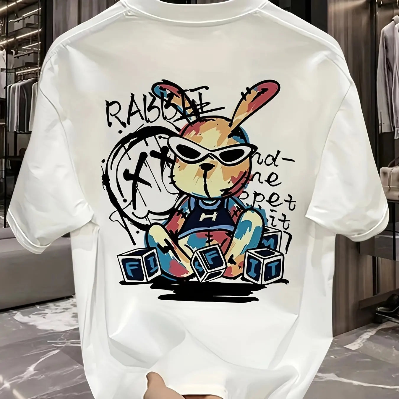 T-shirt homme collection 2025 chic et élégant 
summer 100% pure cotton fashionable casual loose black rabbit cartoon pattern printed round neck short sleeved T-shirt top - kadopascher