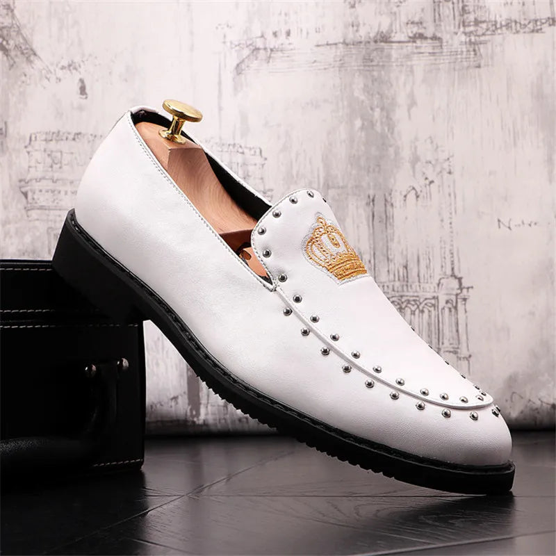 Mocassins Cuir Broderie Couronne Homme – Slip-On Luxe Designer 2026 | Noir & Blanc EU 38-46 - kadopascher