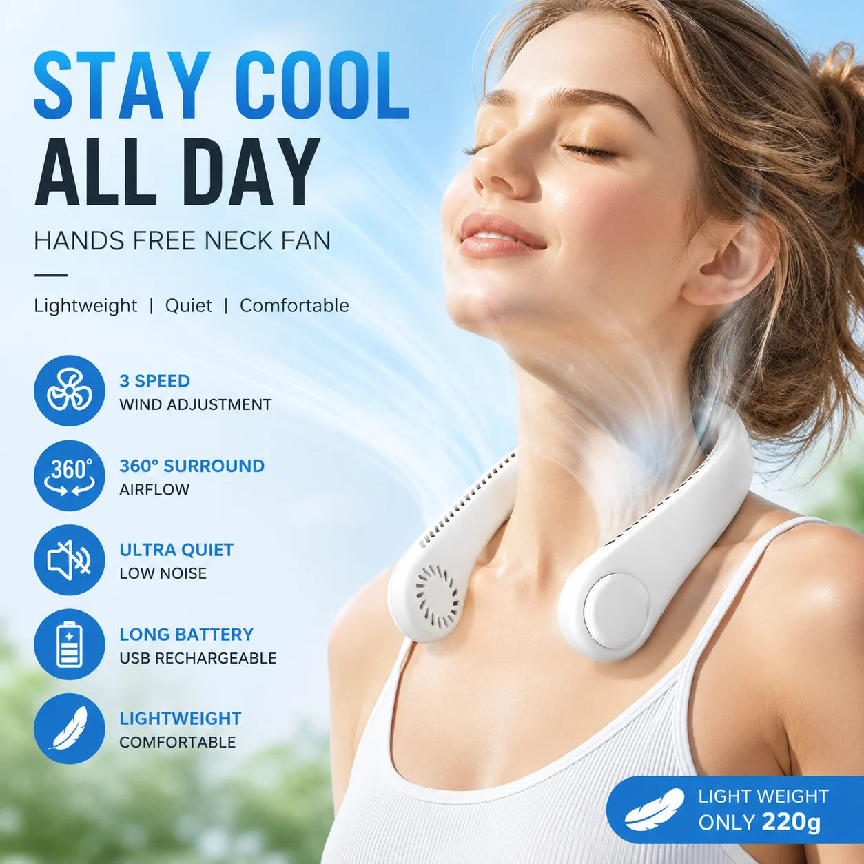 Ventilateur de Cou Sans Lames USB Rechargeable – 3 Vitesses, Portable & Silencieux