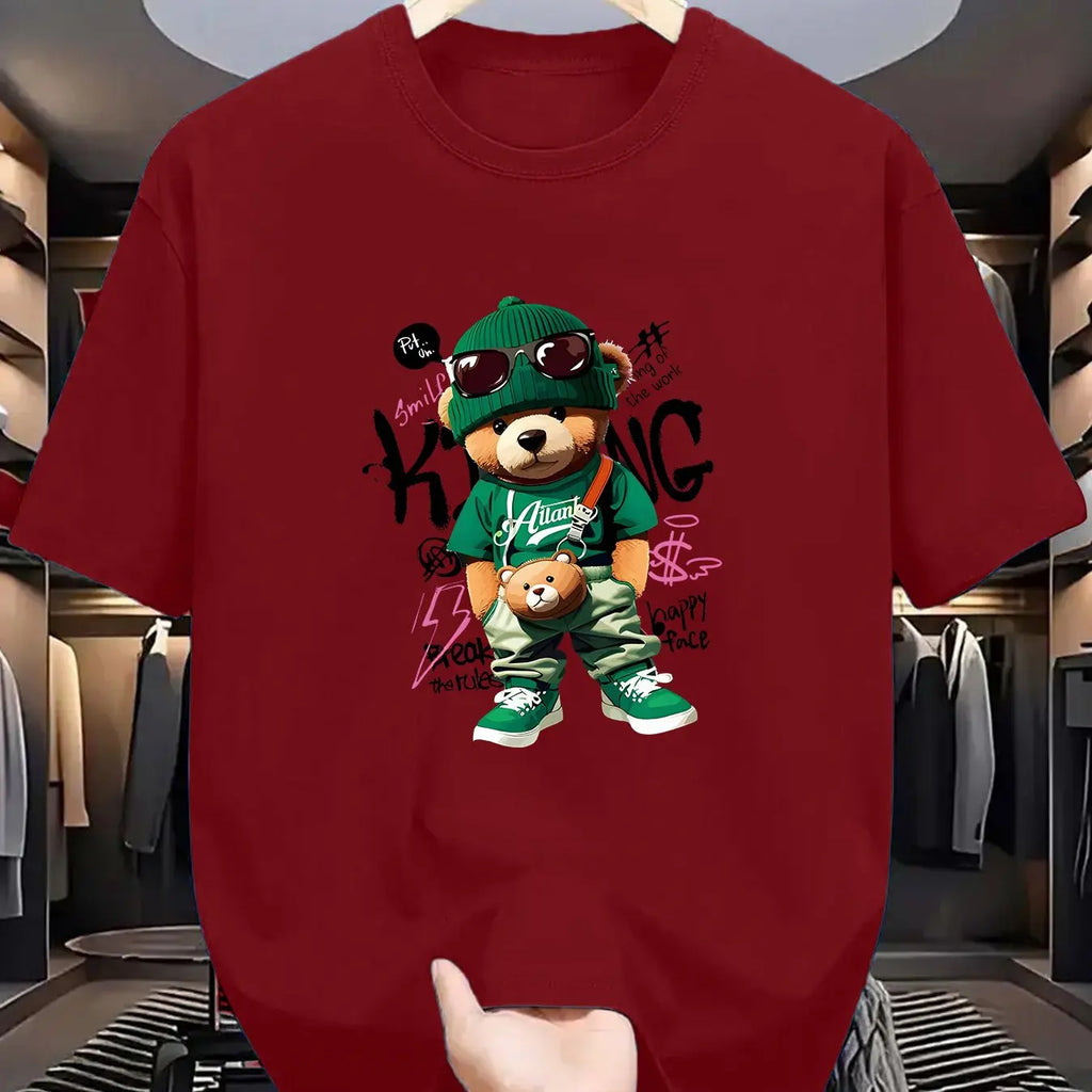 T-shirt homme collection 2025 chic et élégant 
Summer 100 Cotton Fashionable Casual Loose Large Geometric Bear Pattern Printed Sports Round Neck Short Sleeve T-shirt Top - kadopascher