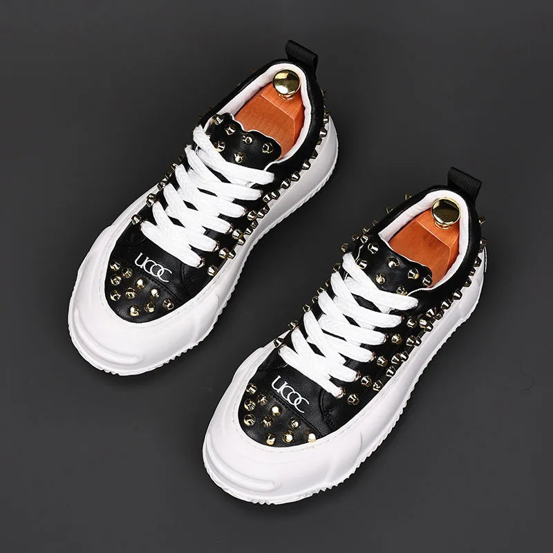 Sneakers Punk Rivets Homme – Semelle Épaisse Cuir Fendu | Style Rock Hip-Hop EU 38-48 - kadopascher