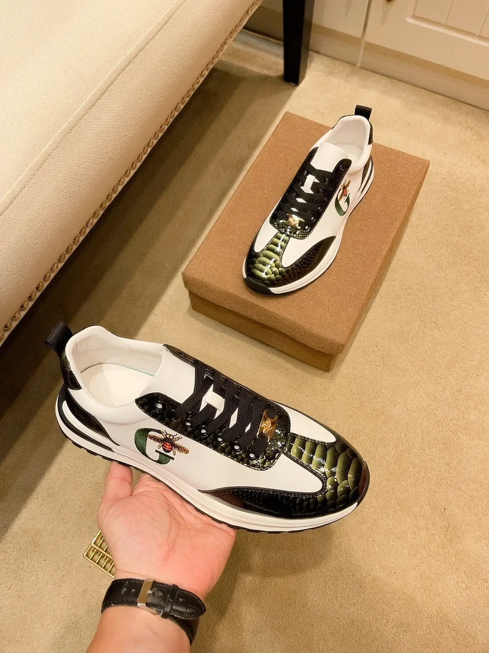 Sneakers Italiennes Homme - Chaussures Cuir Motif Abeille Luxe