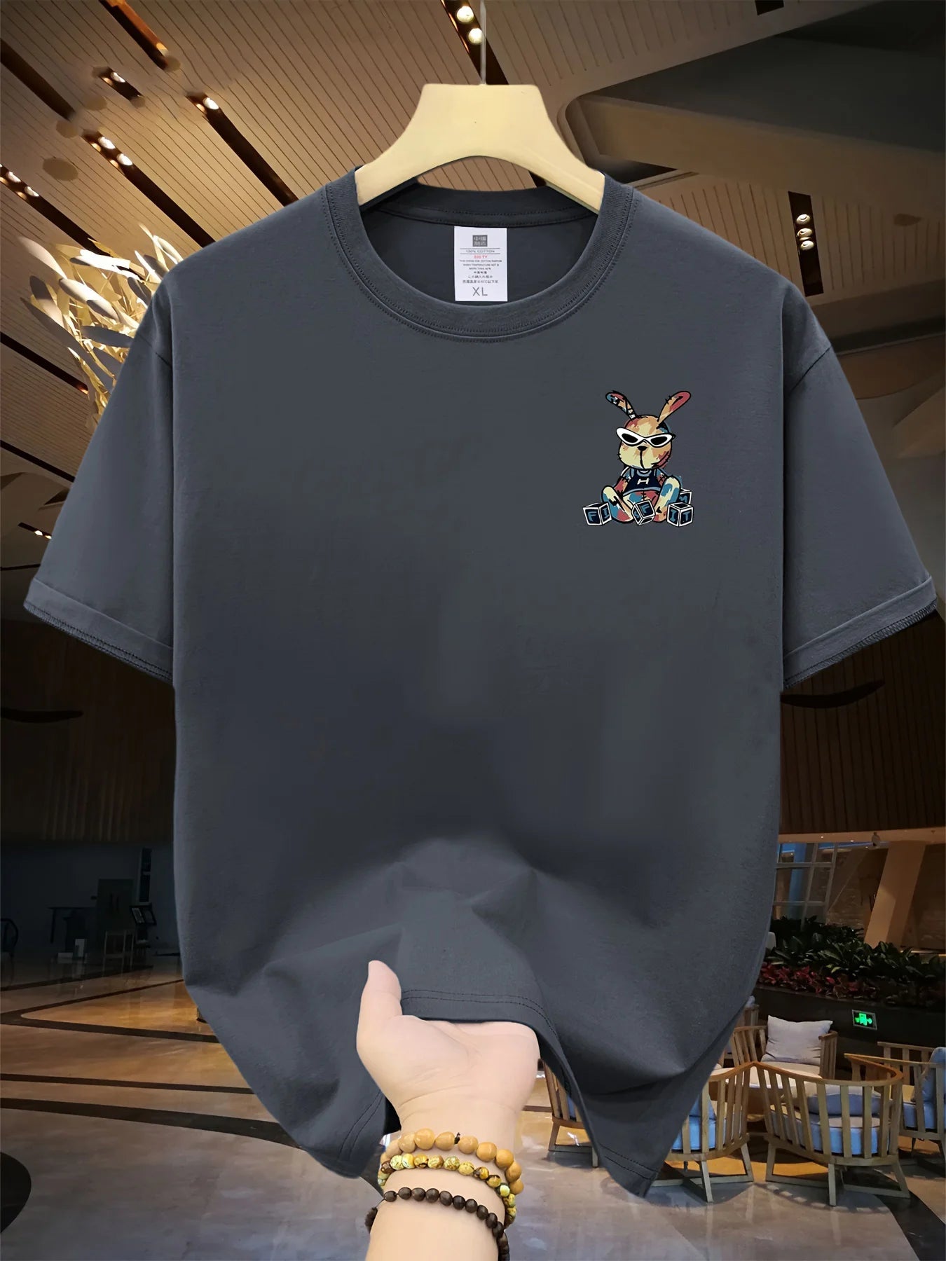 T-shirt homme collection 2025 chic et élégant 
summer 100% pure cotton fashionable casual loose black rabbit cartoon pattern printed round neck short sleeved T-shirt top - kadopascher