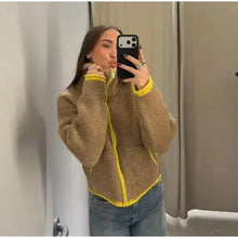 Cardigan stylé hiver pour femme / Cozy Women Elegant Blocking Knitted Cropped Cardigan Lapel Full Sleeves Zipper Pockets Loose Sweaters Lady Winter Daily Wears