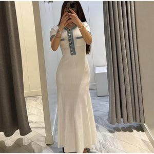 Robe élégante femme / Elegant V Neck Denim Patchwork Knitted Long Dress Women Fashion Short Sleeved Buttons Bodycon Dresses Office Lady Pockets Robes