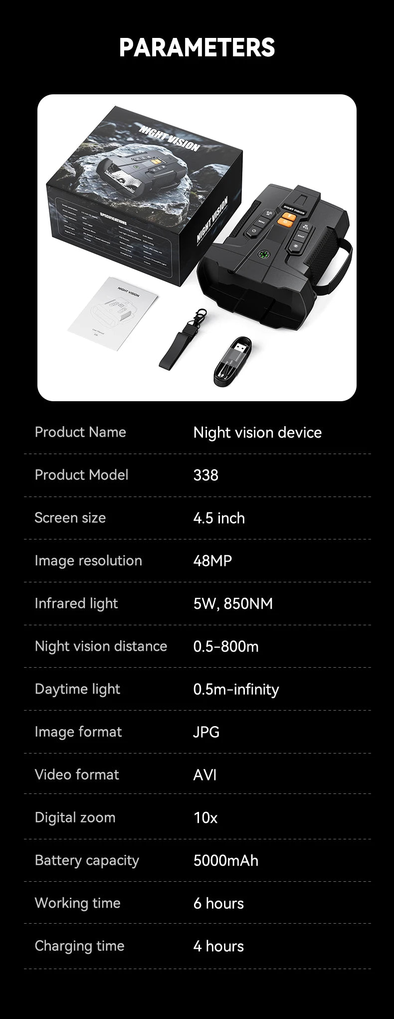 Jumelles Vision Nocturne 4K Grand Écran 4.5" - Zoom 10x Portée 800m - kadopascher