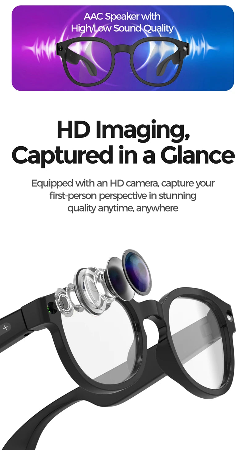 Lunettes Connectées Caméra 4K – Photos, Vidéos, Traduction IA, Appels Bluetooth