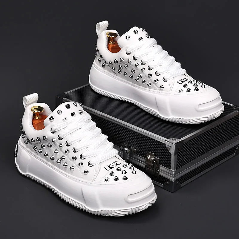 Sneakers Punk Rivets Homme – Semelle Épaisse Cuir Fendu | Style Rock Hip-Hop EU 38-48 - kadopascher