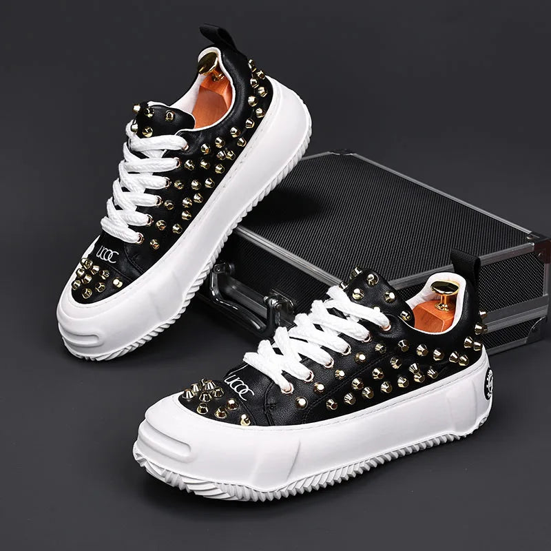 Sneakers Punk Rivets Homme – Semelle Épaisse Cuir Fendu | Style Rock Hip-Hop EU 38-48 - kadopascher