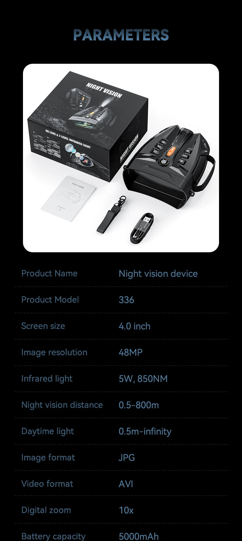Jumelles Vision Nocturne 4K Écran 4" + Lampe Tactique 3W - IR 5W Zoom 10x - kadopascher