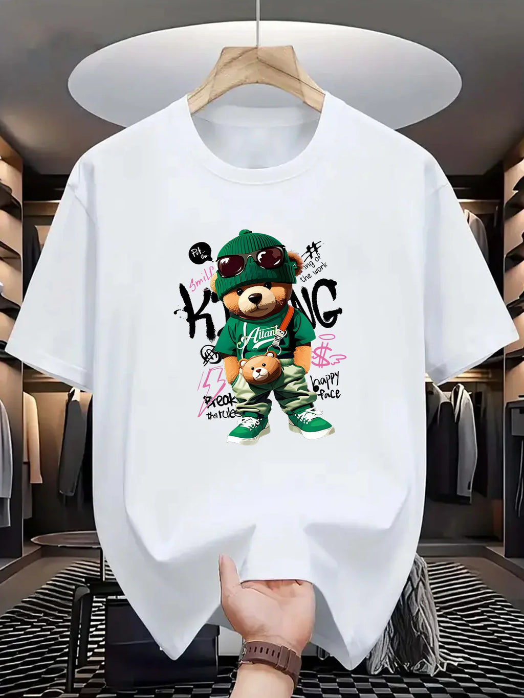 T-shirt homme collection 2025 chic et élégant 
Summer 100 Cotton Fashionable Casual Loose Large Geometric Bear Pattern Printed Sports Round Neck Short Sleeve T-shirt Top - kadopascher