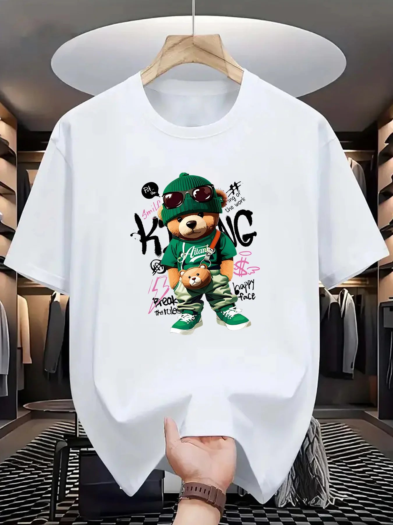 T-shirt homme collection 2025 chic et élégant 
Summer 100 Cotton Fashionable Casual Loose Large Geometric Bear Pattern Printed Sports Round Neck Short Sleeve T-shirt Top - kadopascher