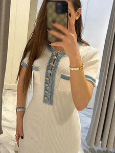 Robe élégante femme / Elegant V Neck Denim Patchwork Knitted Long Dress Women Fashion Short Sleeved Buttons Bodycon Dresses Office Lady Pockets Robes