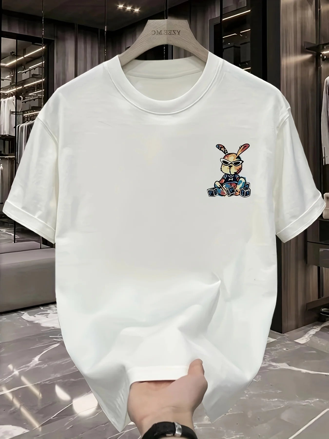 T-shirt homme collection 2025 chic et élégant 
summer 100% pure cotton fashionable casual loose black rabbit cartoon pattern printed round neck short sleeved T-shirt top - kadopascher