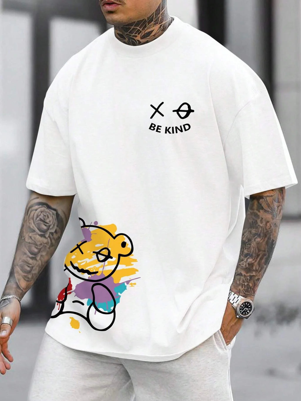 T-shirt homme collection 2025 chic et élégant 
100% pure cotton summer loose size BE KIND letter cartoon print casual comfortable round neck short sleeved T-shirt top - kadopascher