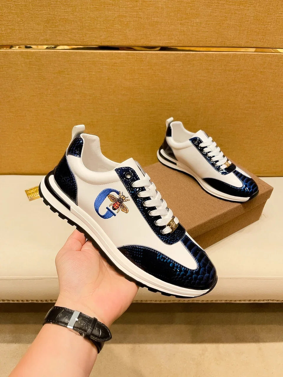 Sneakers Italiennes Homme - Chaussures Cuir Motif Abeille Luxe