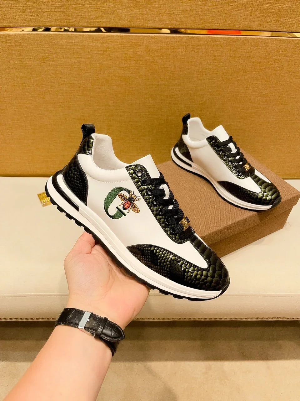 Sneakers Italiennes Homme - Chaussures Cuir Motif Abeille Luxe