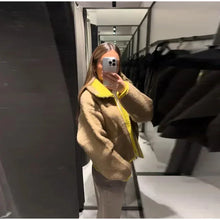 Cardigan stylé hiver pour femme / Cozy Women Elegant Blocking Knitted Cropped Cardigan Lapel Full Sleeves Zipper Pockets Loose Sweaters Lady Winter Daily Wears