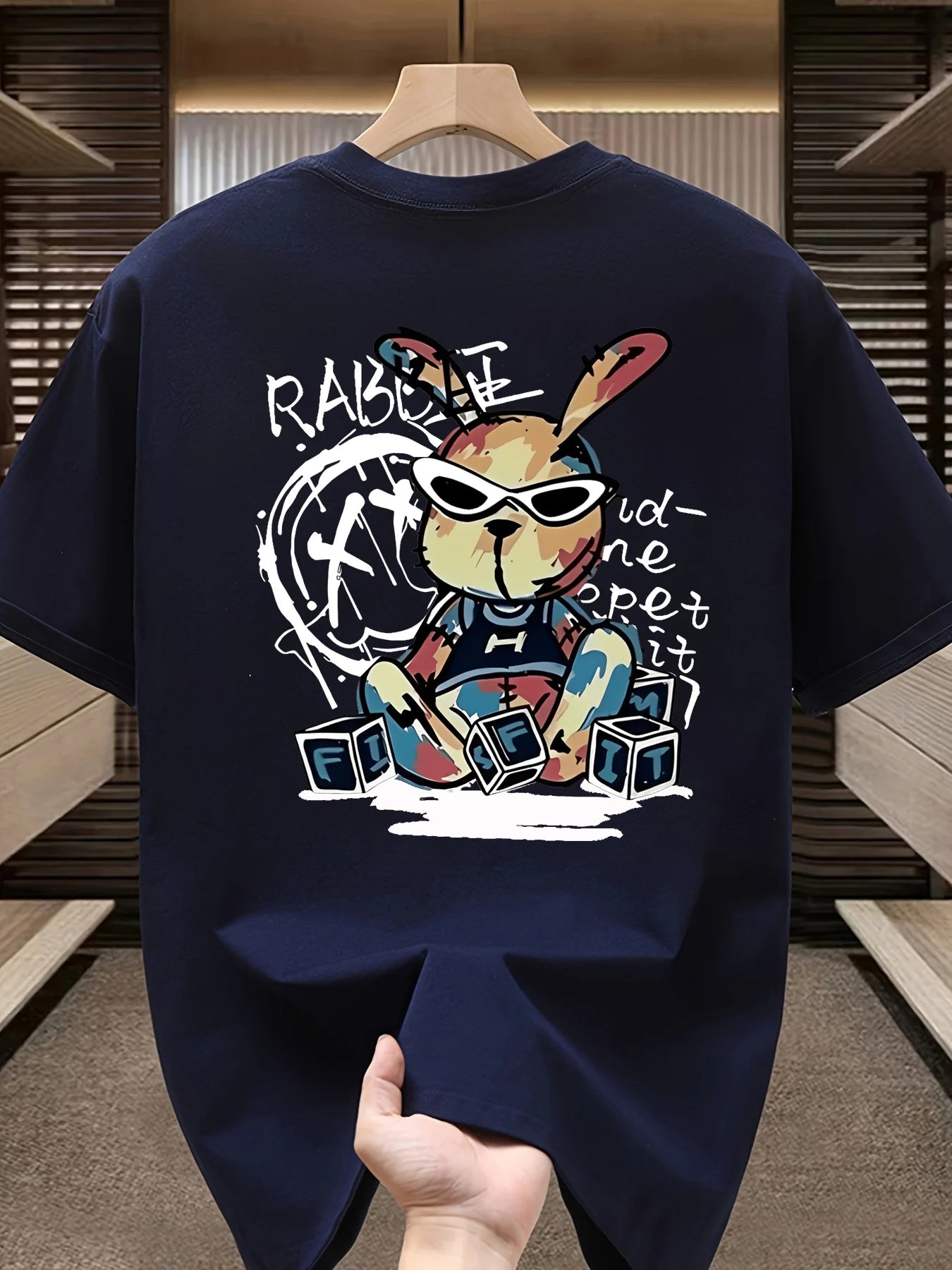 T-shirt homme collection 2025 chic et élégant 
summer 100% pure cotton fashionable casual loose black rabbit cartoon pattern printed round neck short sleeved T-shirt top - kadopascher