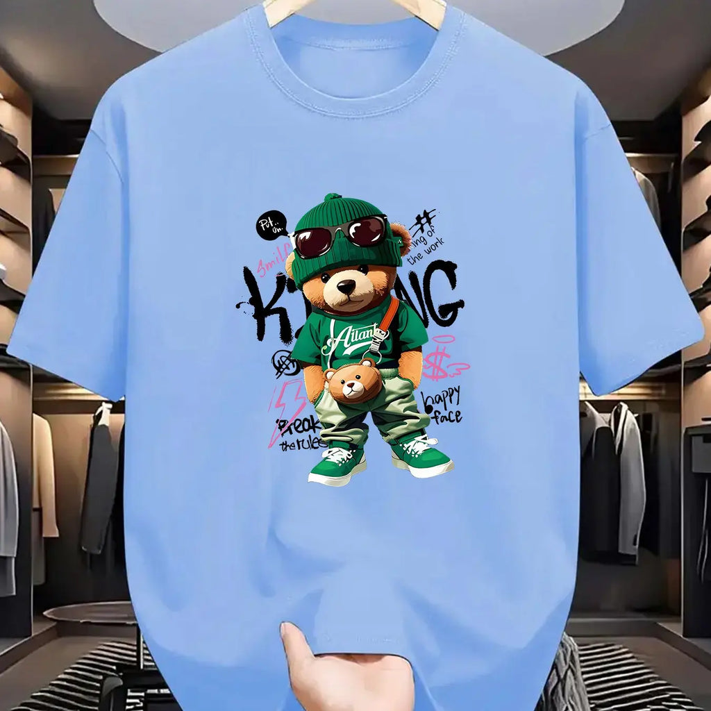 T-shirt homme collection 2025 chic et élégant 
Summer 100 Cotton Fashionable Casual Loose Large Geometric Bear Pattern Printed Sports Round Neck Short Sleeve T-shirt Top - kadopascher