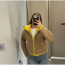 Cardigan stylé hiver pour femme / Cozy Women Elegant Blocking Knitted Cropped Cardigan Lapel Full Sleeves Zipper Pockets Loose Sweaters Lady Winter Daily Wears