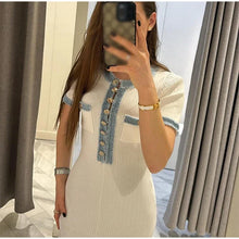 Robe élégante femme / Elegant V Neck Denim Patchwork Knitted Long Dress Women Fashion Short Sleeved Buttons Bodycon Dresses Office Lady Pockets Robes