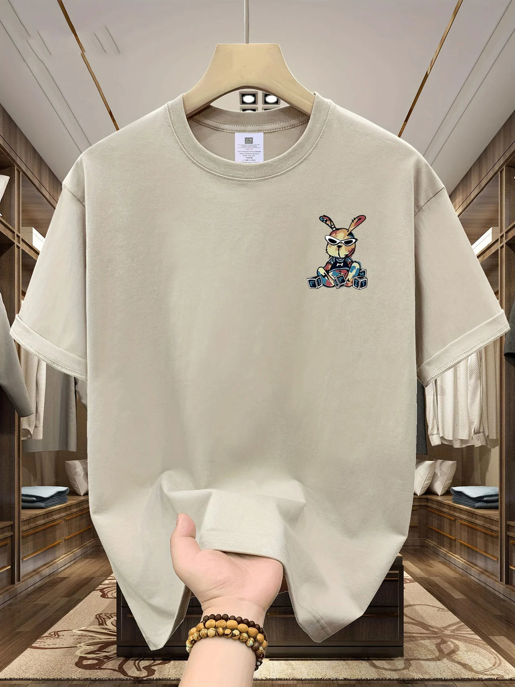 T-shirt homme collection 2025 chic et élégant 
summer 100% pure cotton fashionable casual loose black rabbit cartoon pattern printed round neck short sleeved T-shirt top - kadopascher