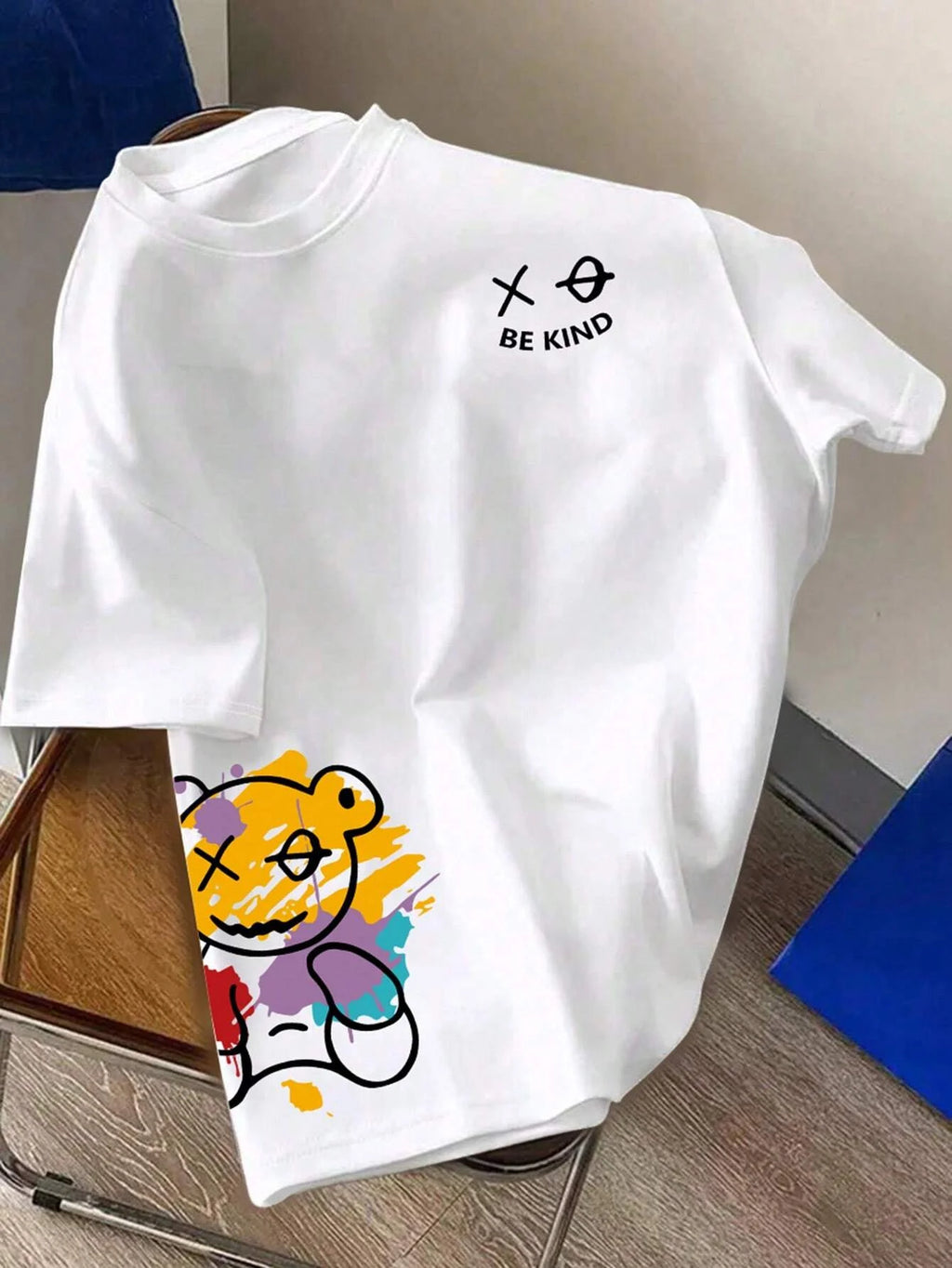 T-shirt homme collection 2025 chic et élégant 
100% pure cotton summer loose size BE KIND letter cartoon print casual comfortable round neck short sleeved T-shirt top - kadopascher