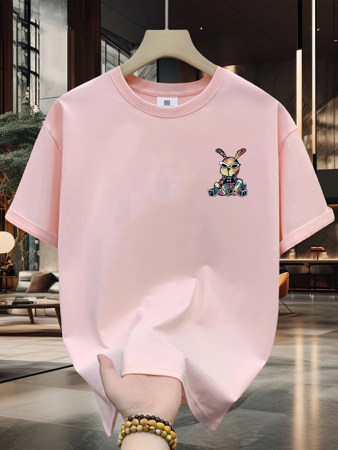 T-shirt homme collection 2025 chic et élégant 
summer 100% pure cotton fashionable casual loose black rabbit cartoon pattern printed round neck short sleeved T-shirt top - kadopascher