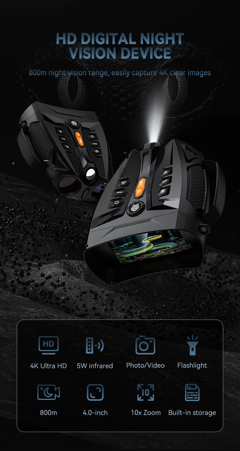 Jumelles Vision Nocturne 4K Écran 4" + Lampe Tactique 3W - IR 5W Zoom 10x - kadopascher