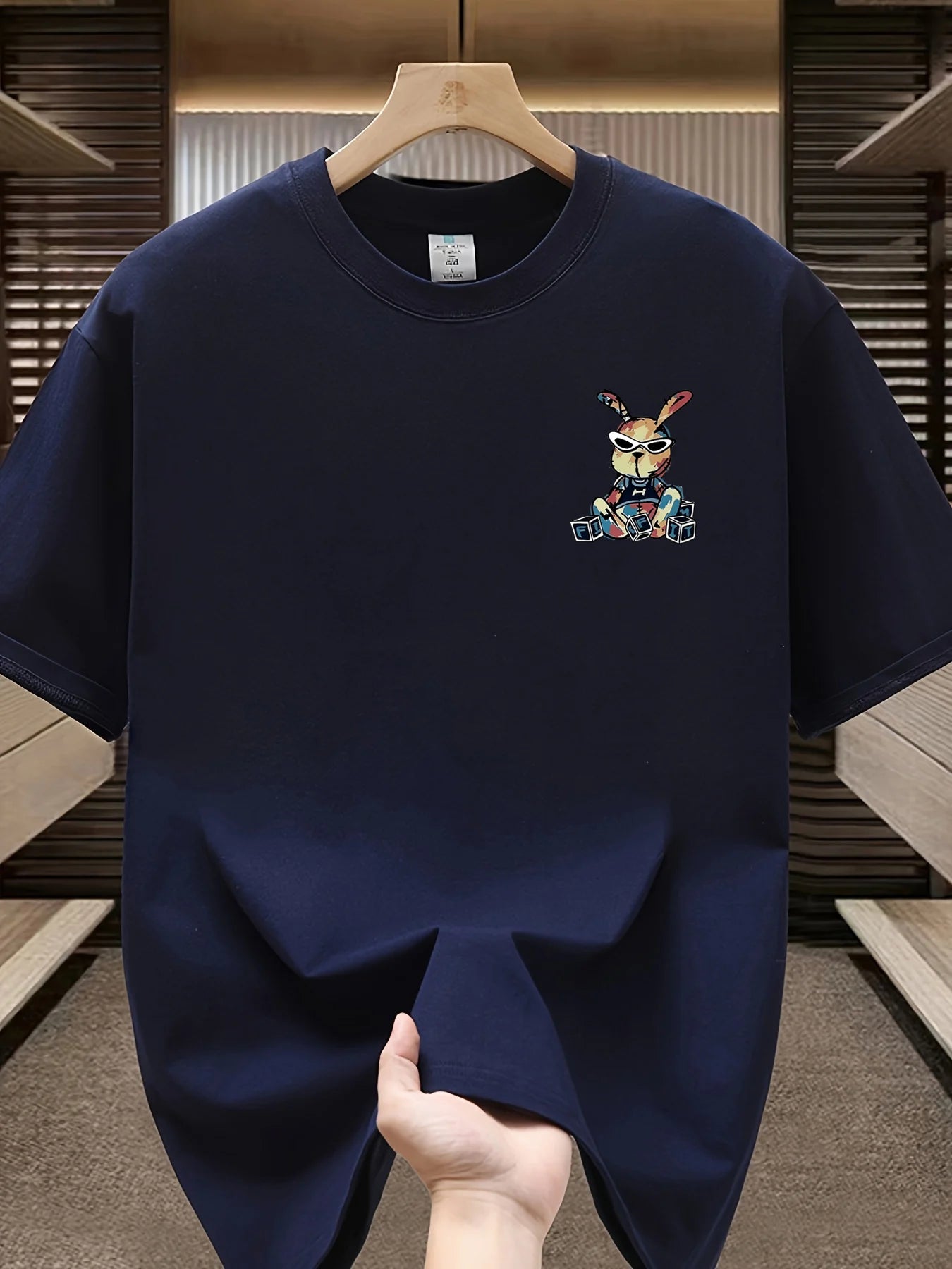 T-shirt homme collection 2025 chic et élégant 
summer 100% pure cotton fashionable casual loose black rabbit cartoon pattern printed round neck short sleeved T-shirt top - kadopascher