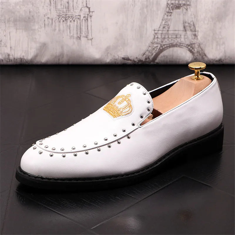 Mocassins Cuir Broderie Couronne Homme – Slip-On Luxe Designer 2026 | Noir & Blanc EU 38-46 - kadopascher