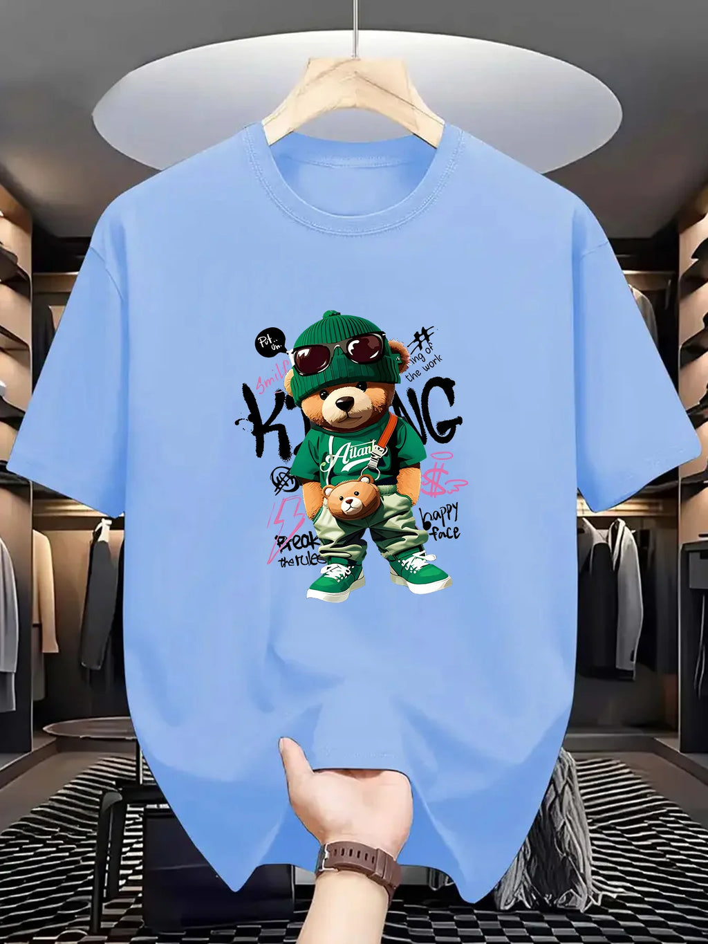 T-shirt homme collection 2025 chic et élégant 
Summer 100 Cotton Fashionable Casual Loose Large Geometric Bear Pattern Printed Sports Round Neck Short Sleeve T-shirt Top - kadopascher